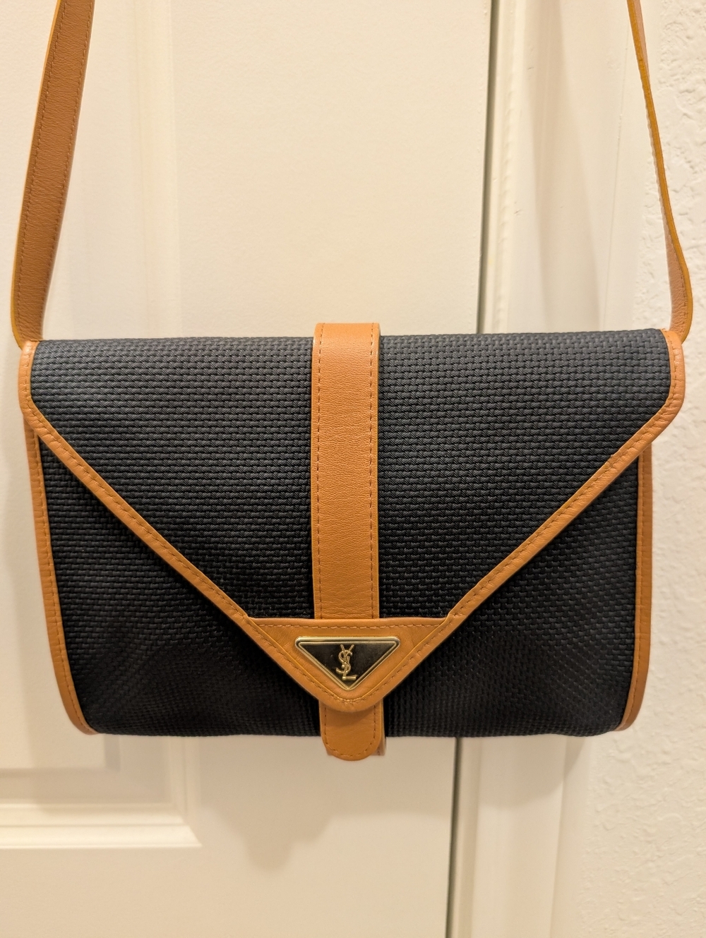 Authentic Yves Saint Laurent Black Woven Crossbody with Tan Trim